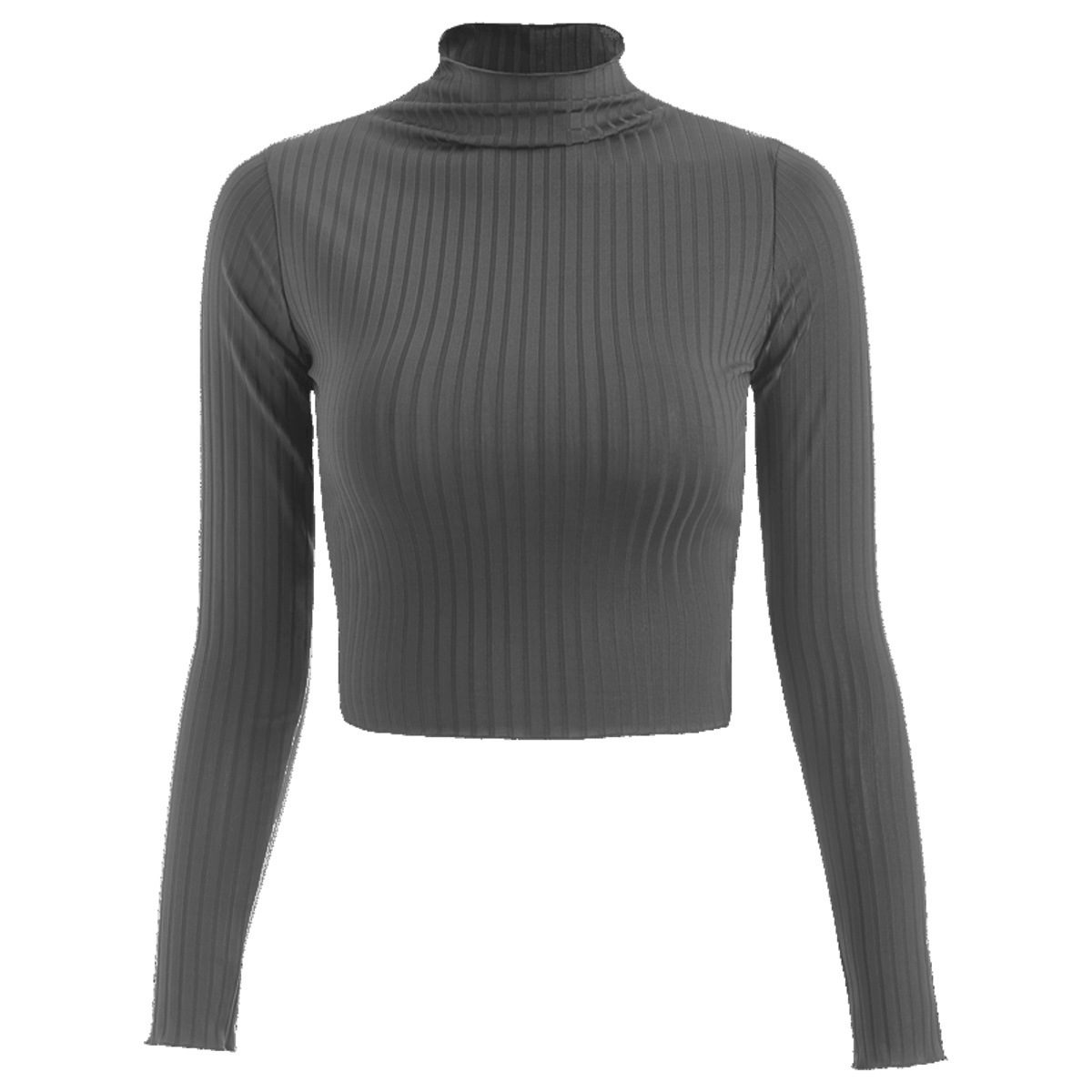Best! 2020 cross-border autumn and winter half high collar solid color long sleeved knitted T-shirt Europe and America slim fitting women's open navel top