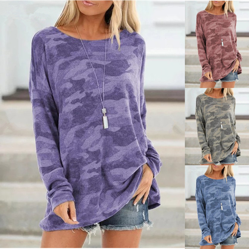 2022 Amazon Spring New Top Camo Print Round Neck Fashion Long Sleeve Women's T-Shirt
