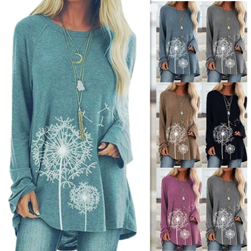 2022 cross-border new T-shirt ebay amazon wish medium long round neck printing long sleeve loose women's top