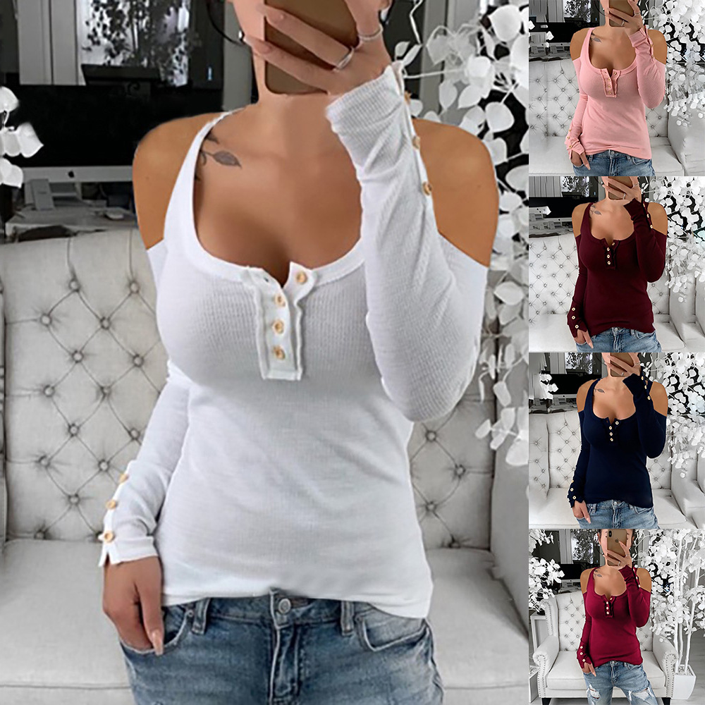 Women's casual button O collar long sleeve shirt slim fitting T-shirt basic clothing T-shirt