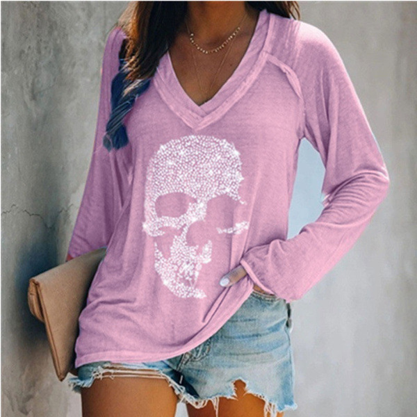 Women's Autumn and Winter Fashion Casual Relaxed Long Sleeve T-shirt Skull Print Top Women's V-Neck Large