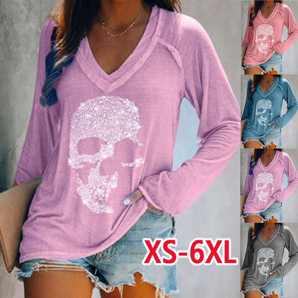 Women's Autumn and Winter Fashion Casual Relaxed Long Sleeve T-shirt Skull Print Top Women's V-Neck Large