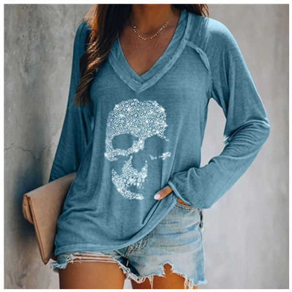 Women's Autumn and Winter Fashion Casual Relaxed Long Sleeve T-shirt Skull Print Top Women's V-Neck Large