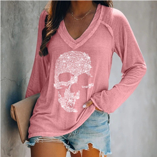 Women's Autumn and Winter Fashion Casual Relaxed Long Sleeve T-shirt Skull Print Top Women's V-Neck Large