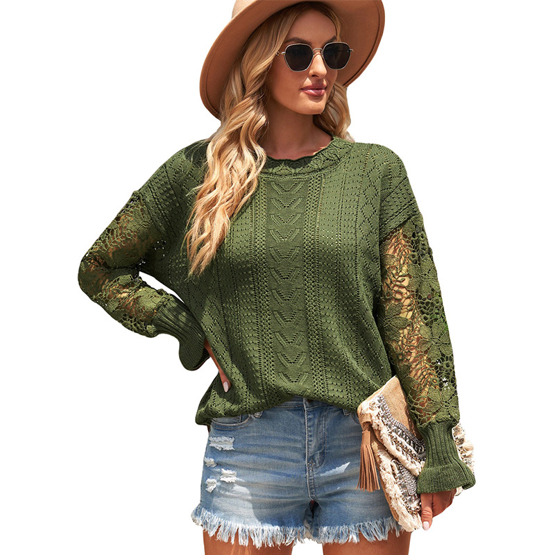 European and American Sweater Women's Design Sense Autumn and Winter Amazon New Long Sleeve Top Lace Sexy Knit Pullover Sweater