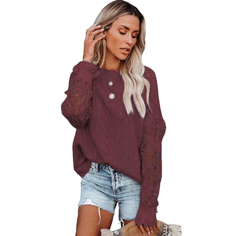 European and American Sweater Women's Design Sense Autumn and Winter Amazon New Long Sleeve Top Lace Sexy Knit Pullover Sweater