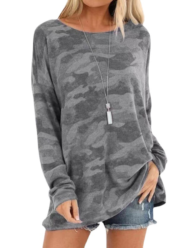 2022 Amazon Spring New Top Camo Print Round Neck Fashion Long Sleeve Women's T-Shirt