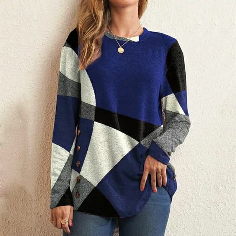 2022 spring and autumn Amazon wish European and American ebay button geometric contrast color long sleeve printed loose T-shirt women's top
