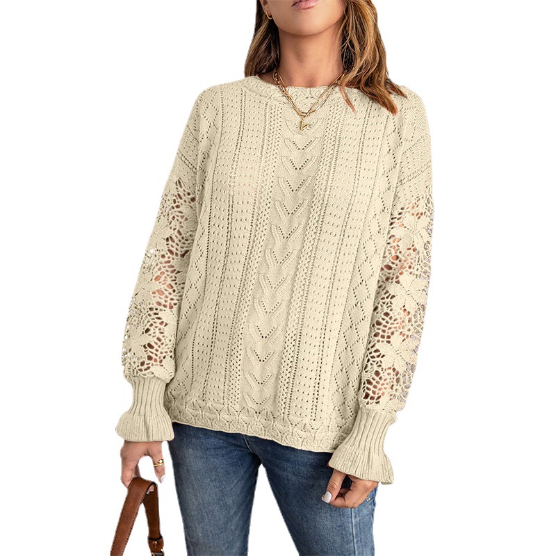 European and American Sweater Women's Design Sense Autumn and Winter Amazon New Long Sleeve Top Lace Sexy Knit Pullover Sweater