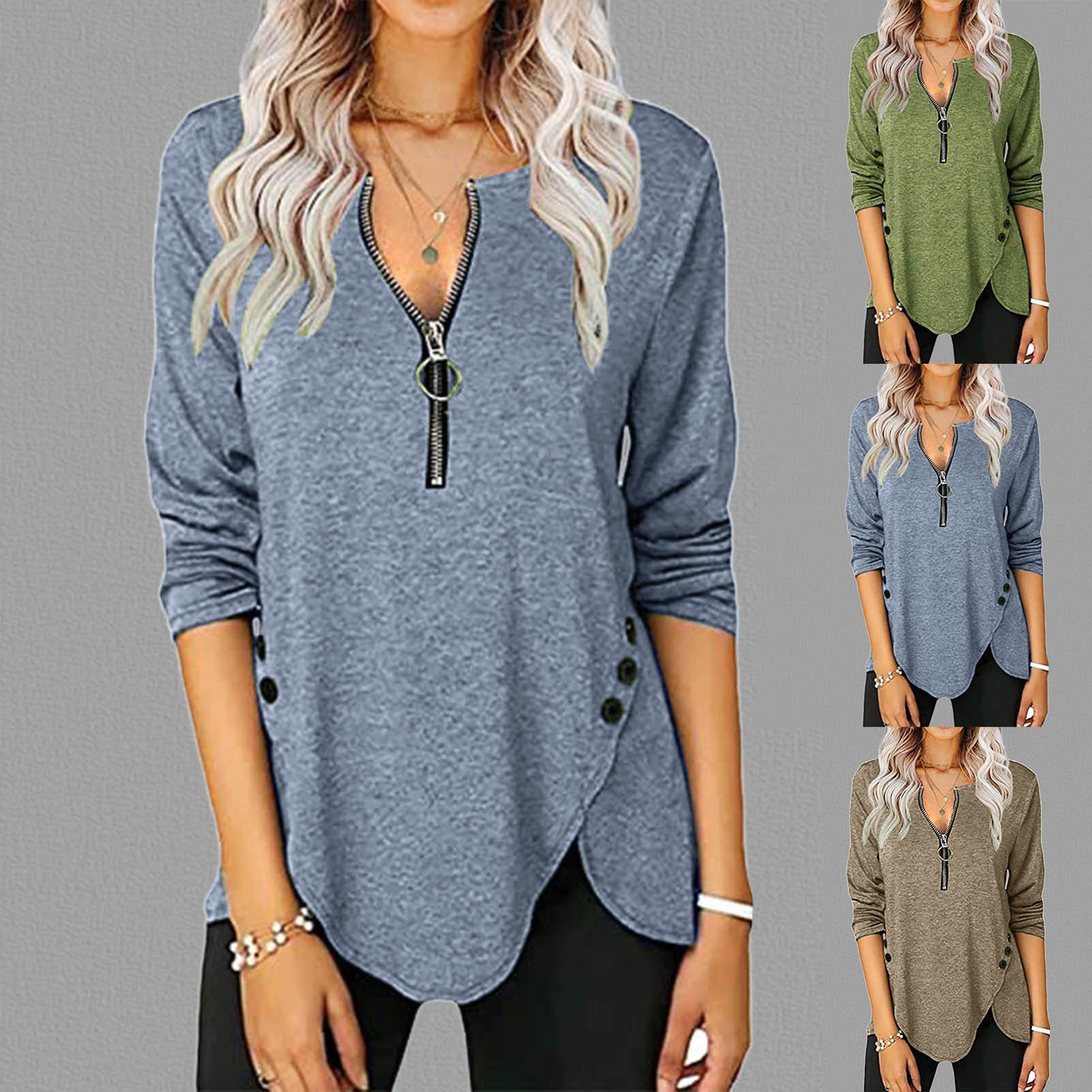 Amazon 2022 European and American foreign trade cross-border women's new women's casual long sleeve T-shirt top V-neck zipper button