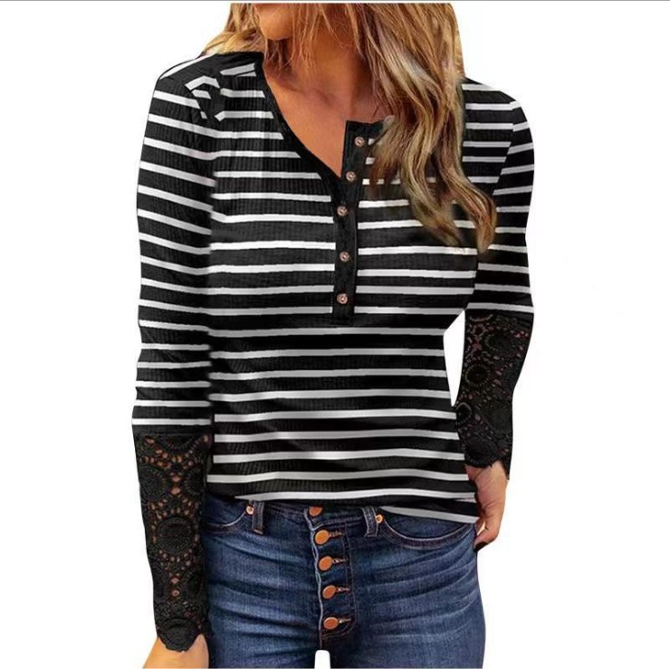 Cross border New Amazon Lace Long Sleeve Pit Slim Round Neck Print Pullover Women's T-Shirt