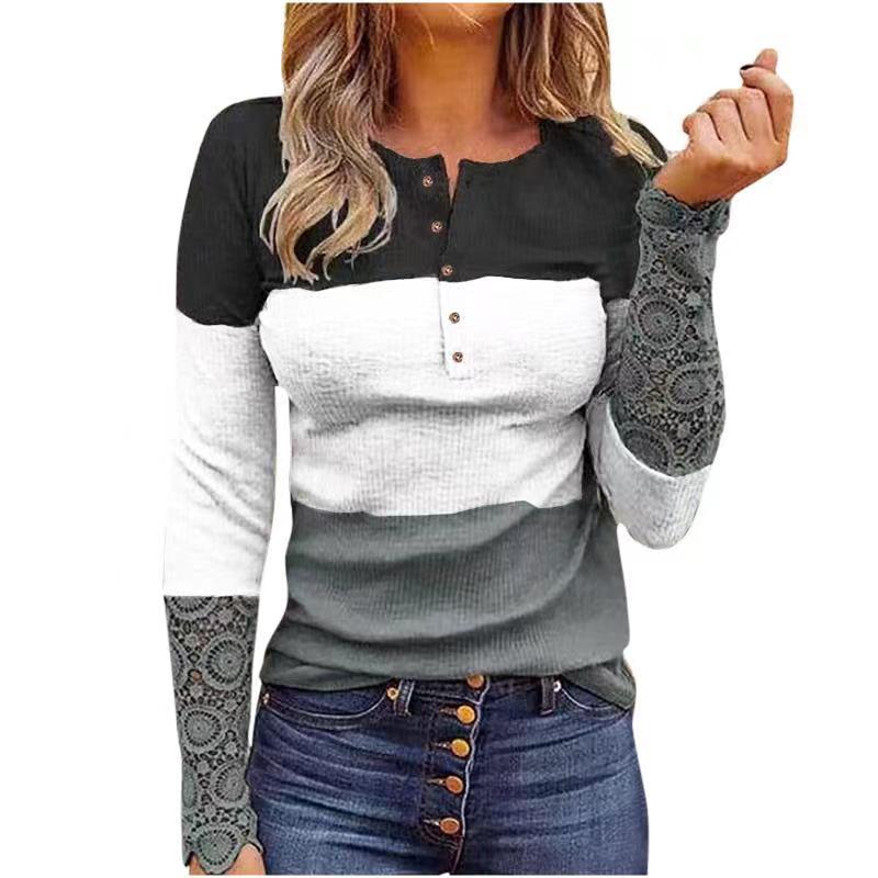 Cross border New Amazon Lace Long Sleeve Pit Slim Round Neck Print Pullover Women's T-Shirt