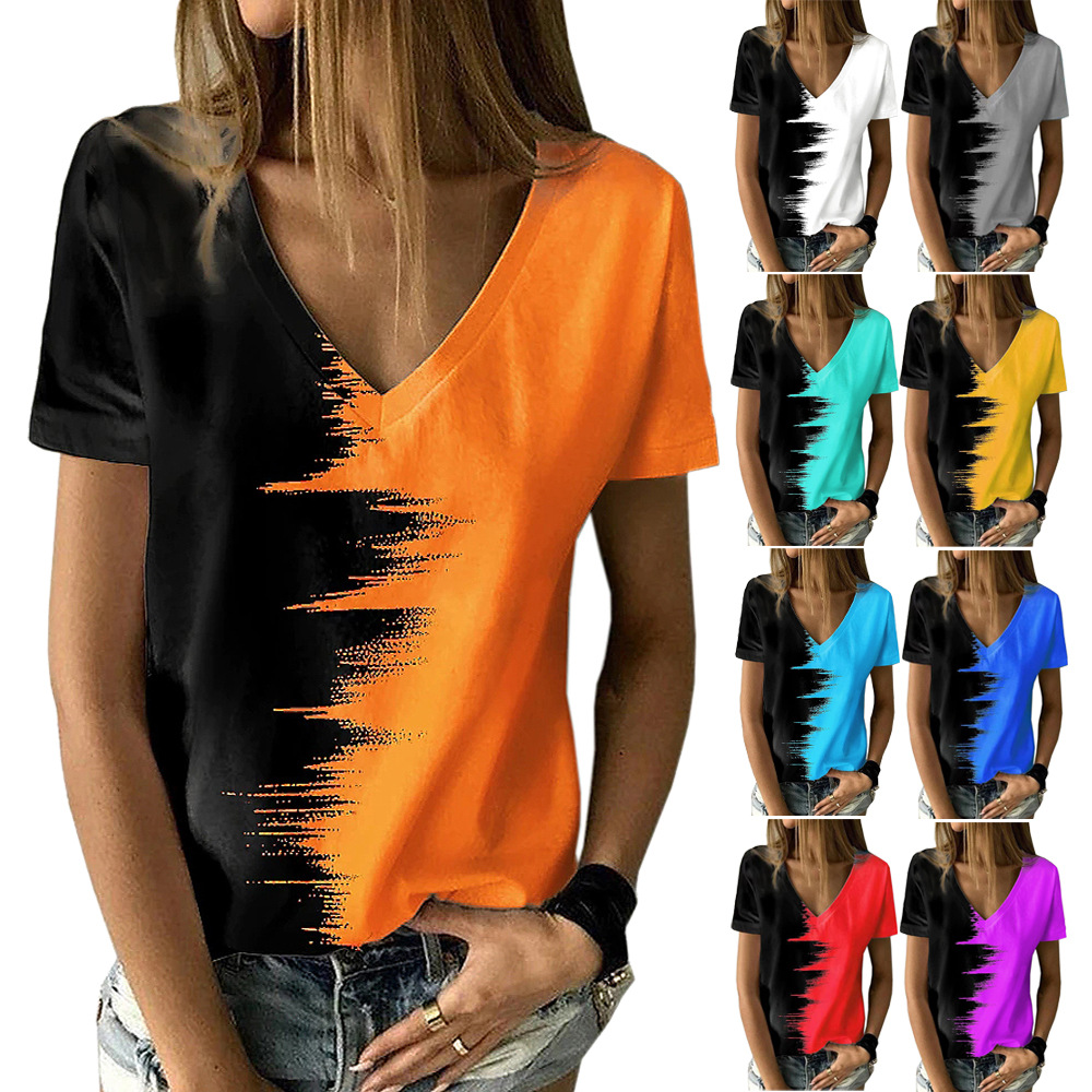 2022 Summer European and American large women's color contrast top cross-border WISH Amazon new V-neck short sleeve women's T-shirt