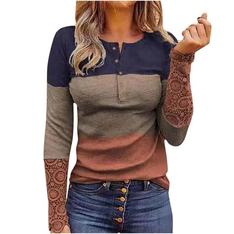 Cross border New Amazon Lace Long Sleeve Pit Slim Round Neck Print Pullover Women's T-Shirt