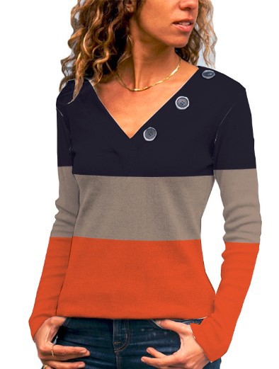 2022 Amazon Ebay wish Europe and America Autumn V-neck button decoration solid casual long sleeve women's T-shirt