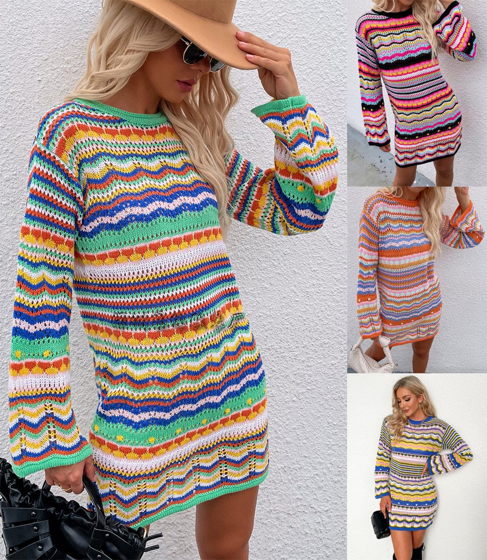 Cross border autumn and winter Europe and America round neck cross border women's sweater women's rainbow stripe pullover women's sweater women