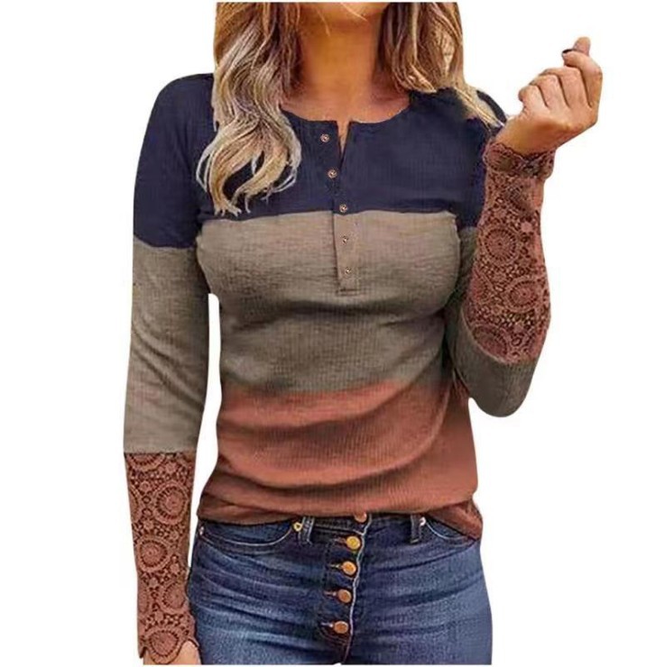 Cross border New Amazon Lace Long Sleeve Pit Slim Round Neck Print Pullover Women's T-Shirt