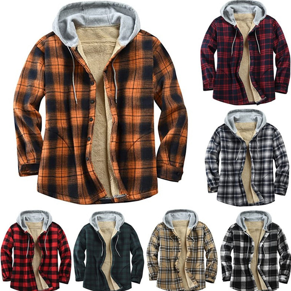 Mens Plaid Fleece Jacket with Hood Drawstring Zip Up Cardigan Sweaters