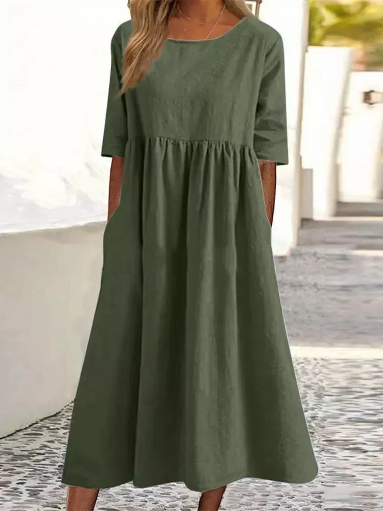?Mother's Day Sale - 50% OFF-Women's Casual Basic Outdoor Crew Neck Pocket Smocked Cotton Dress
