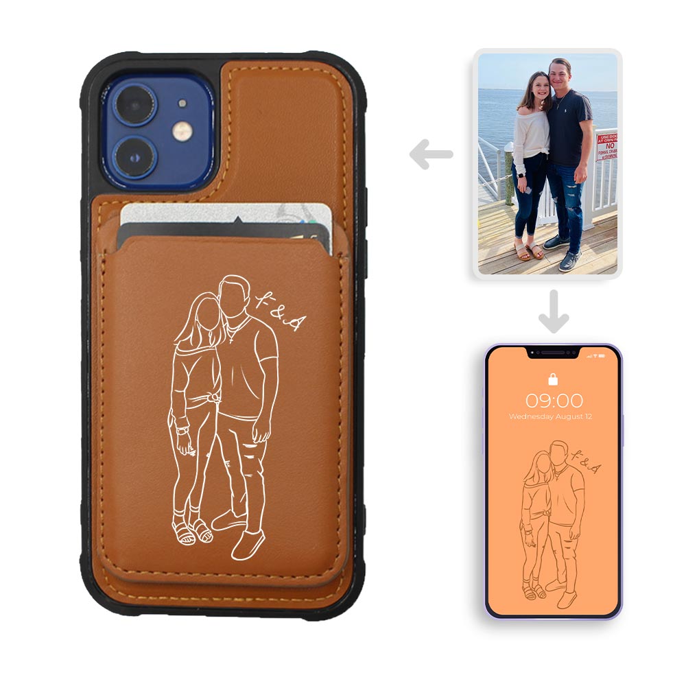 Magnetic Leather Card Holder Custom Line Art iPhone Case
