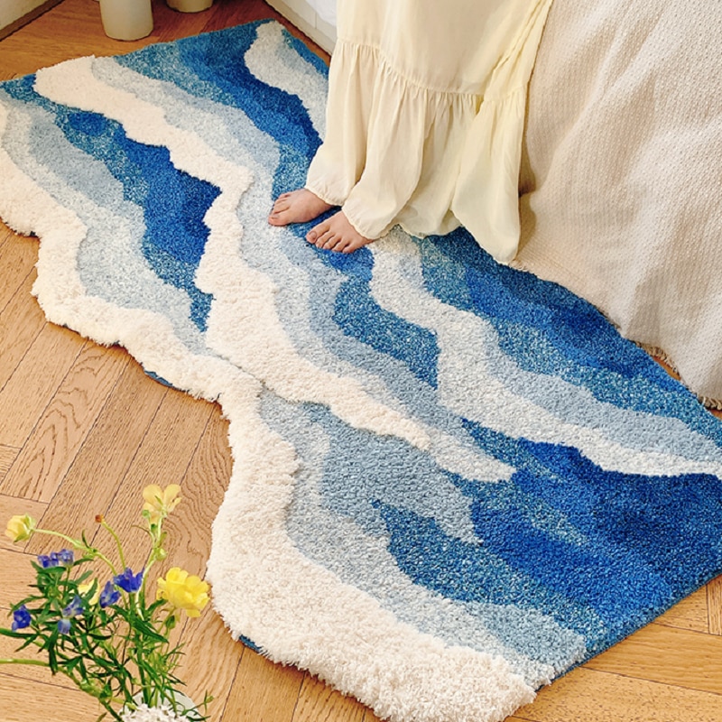 Blue Sea Pattern Tufted Rug Funny Japanese Style Tufting Rug Cute Flocking Carpet Floor Pad Anti Slip Doormat Aesthetic Home Pad