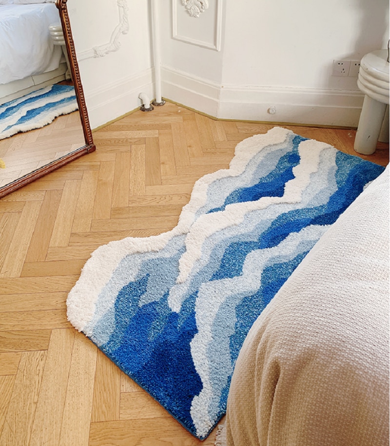 Blue Sea Pattern Tufted Rug Funny Japanese Style Tufting Rug Cute Flocking Carpet Floor Pad Anti Slip Doormat Aesthetic Home Pad