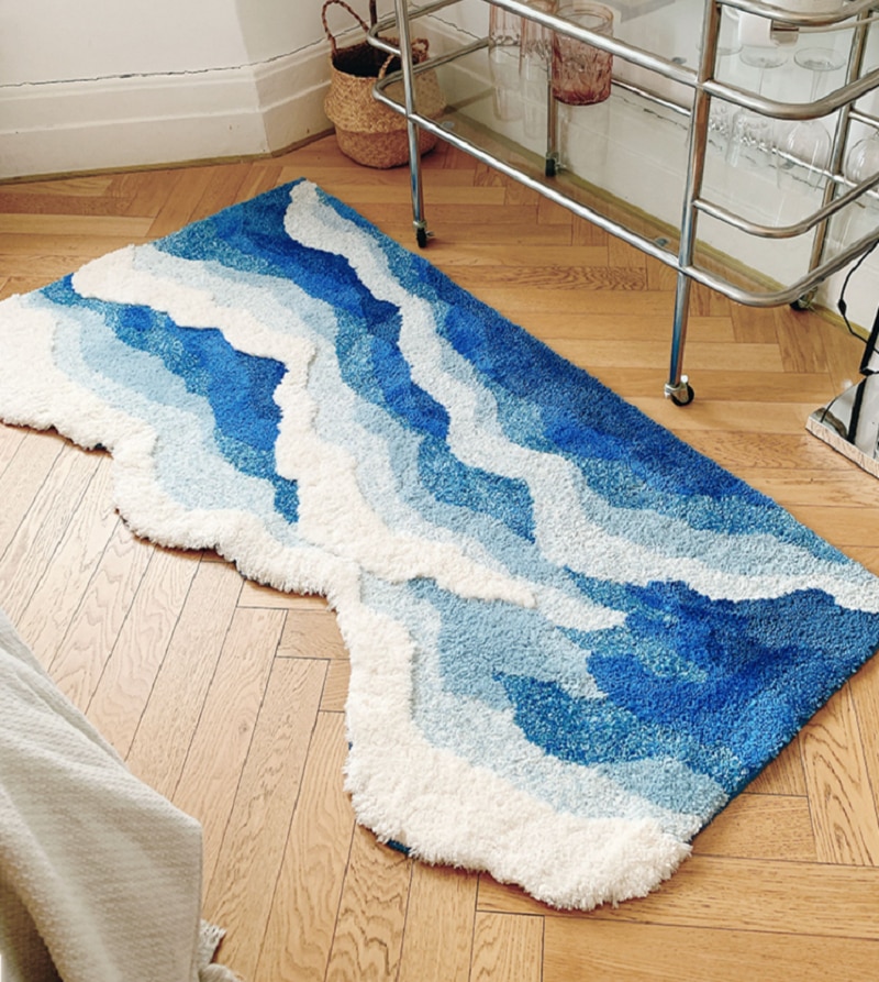 Blue Sea Pattern Tufted Rug Funny Japanese Style Tufting Rug Cute Flocking Carpet Floor Pad Anti Slip Doormat Aesthetic Home Pad