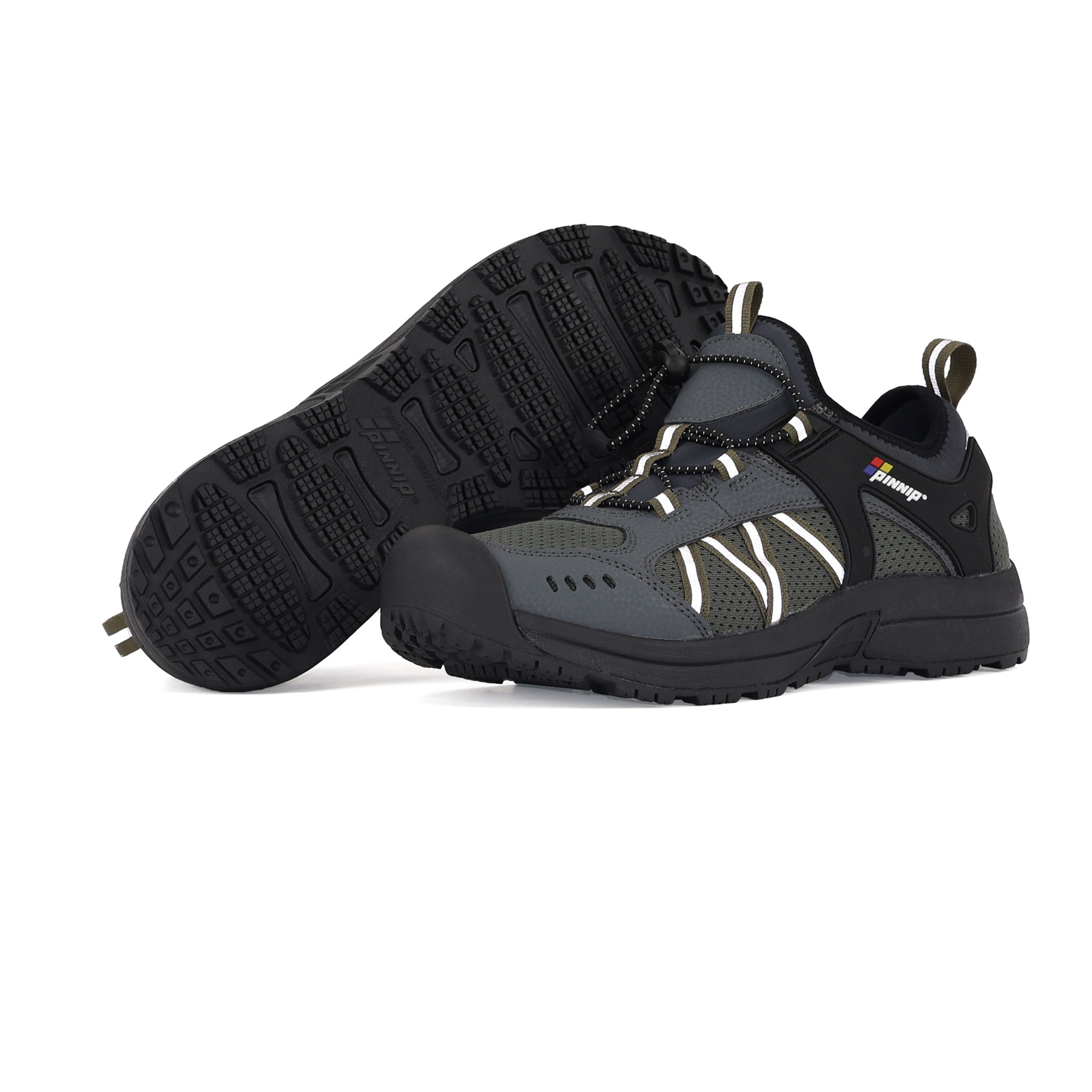 A black PINNIP puncture resistance hiking shoe with an EVA insole, puncture-resistant midsole fabric and rubber outsole