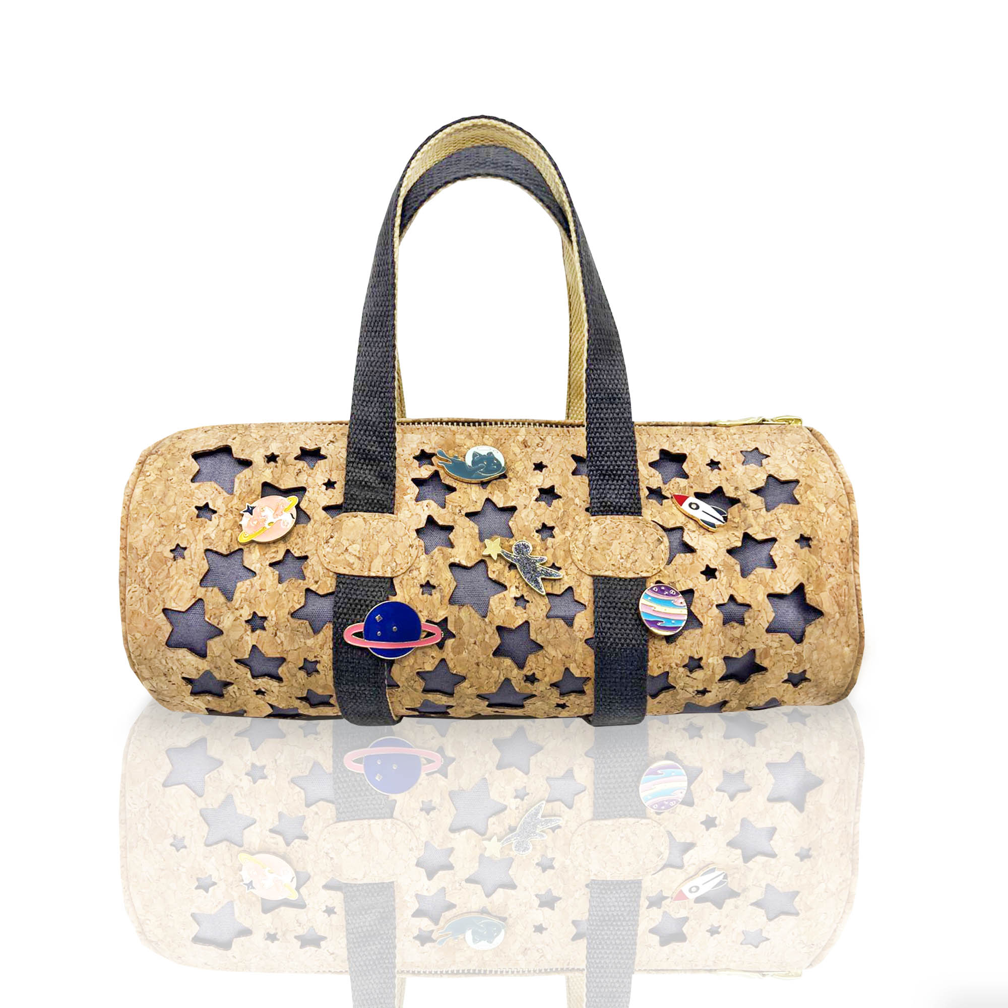 Cork Fabric Barrel Bag with 6 Cute Pins-GoHeyHey Design Store