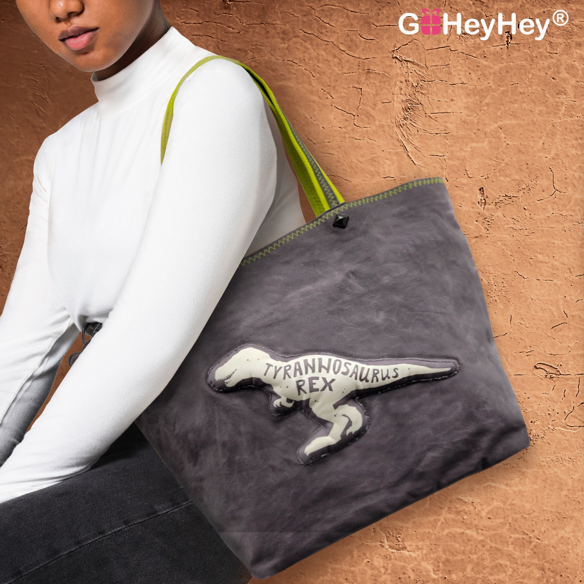 Waxed Cotton Canvas Tote Bag with Fun Pop-up Dinosaur-GoHeyHey Design Store