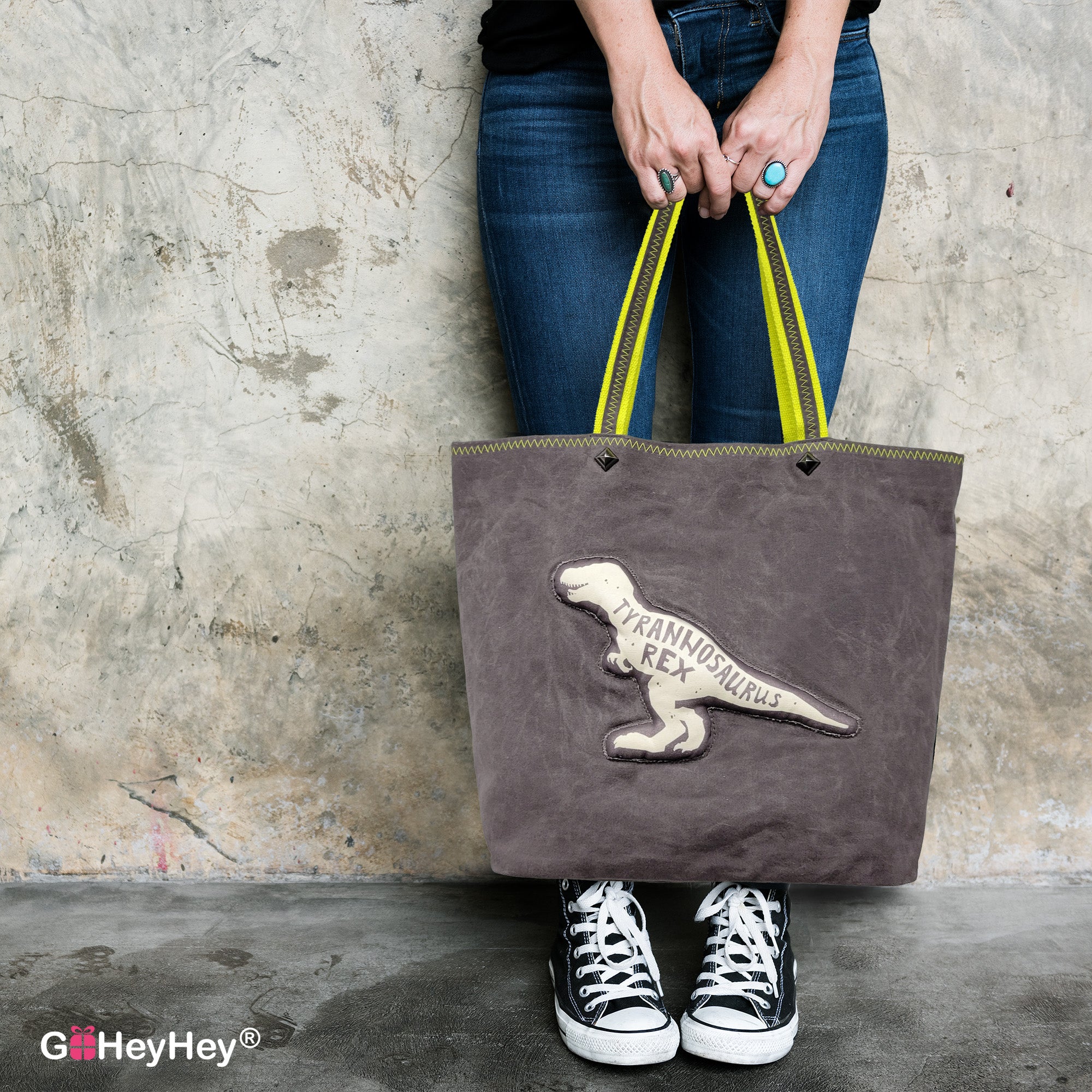 Waxed Cotton Canvas Tote Bag with Fun Pop up Dinosaur