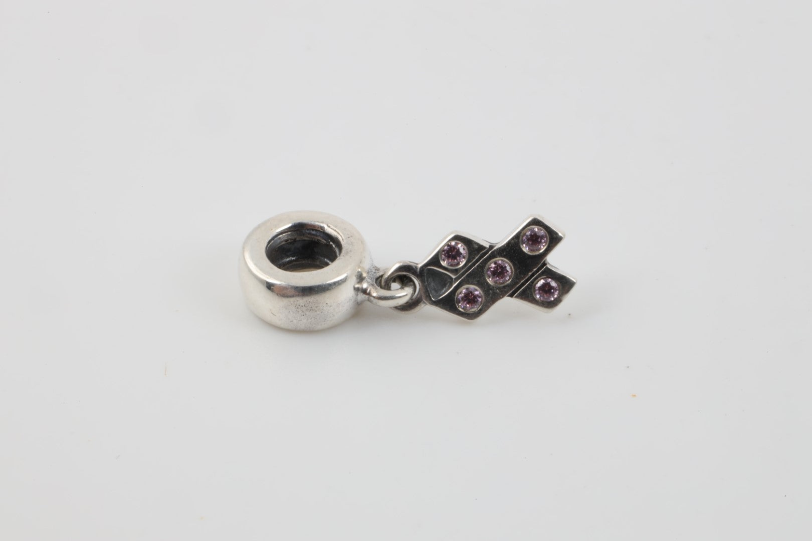 925 Silver Breast Cancer Ribbon Charm with Pink Stones (2.02g.)