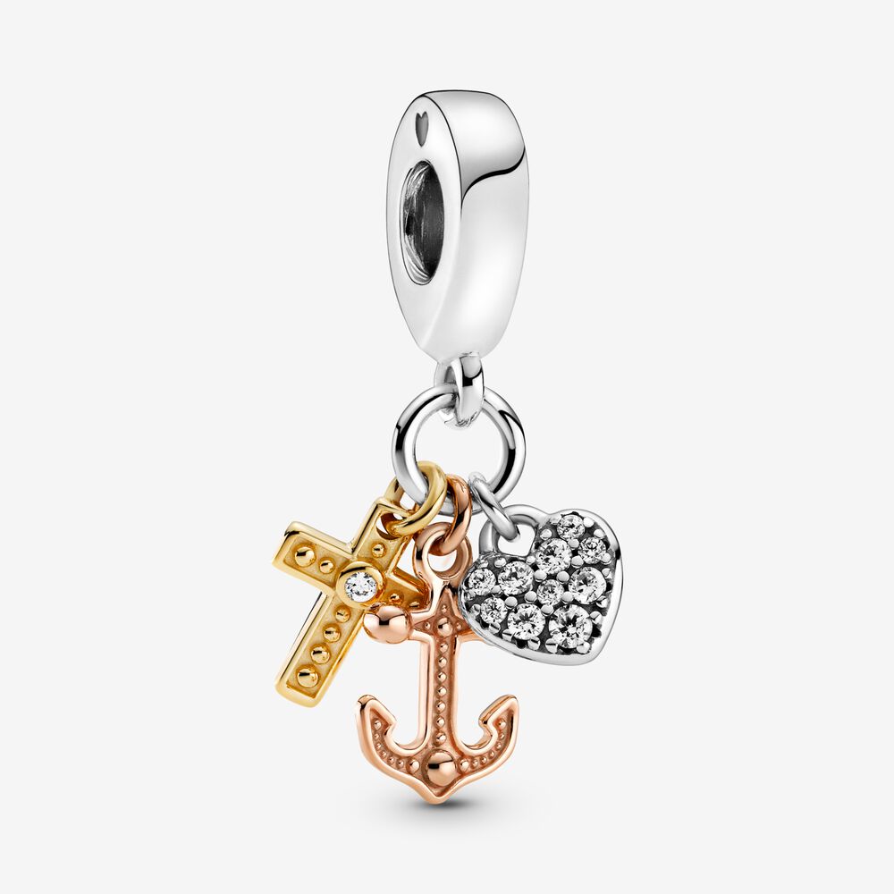 Triple-tone Cross, Heart, & Anchor Dangle Charm