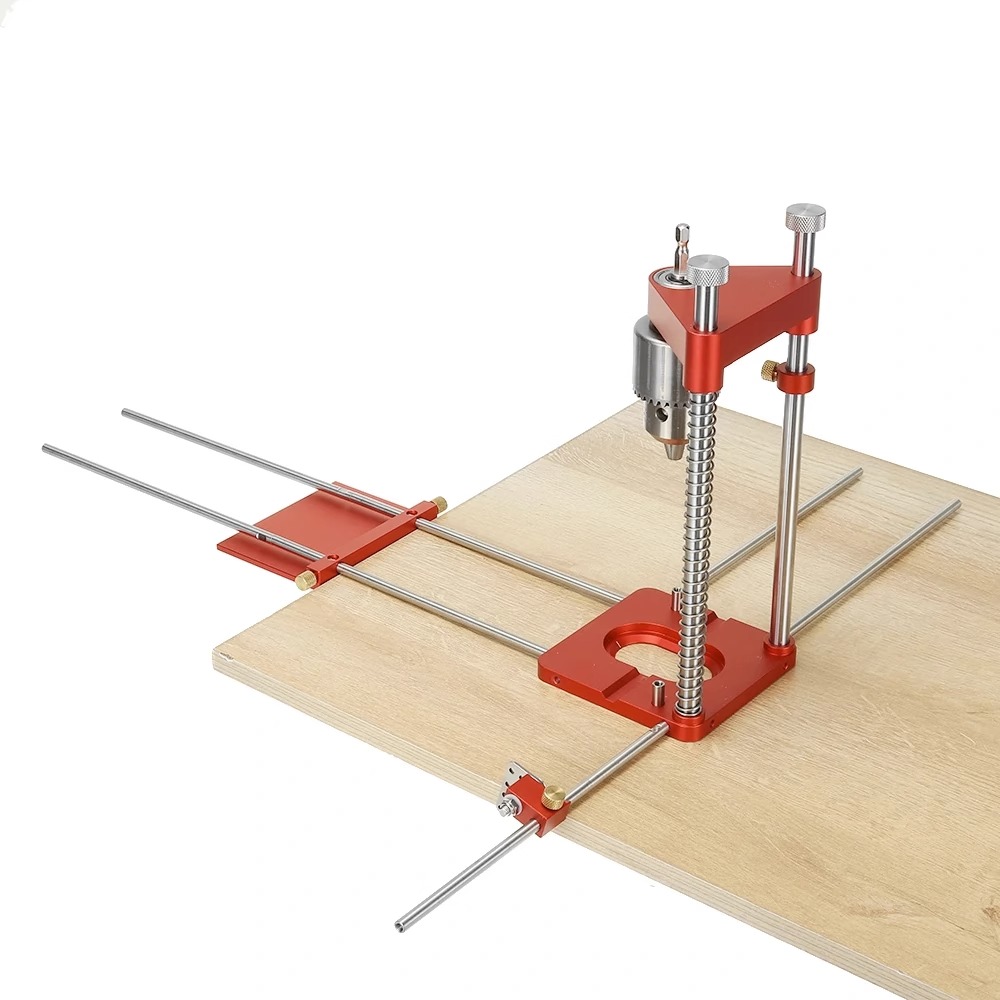 All Aluminum Alloy Adjustable Woodworking Drill Locator Guide With 8pcs Extension Rods Flip Stops and Wrench For Positioning Tools Hole Drill