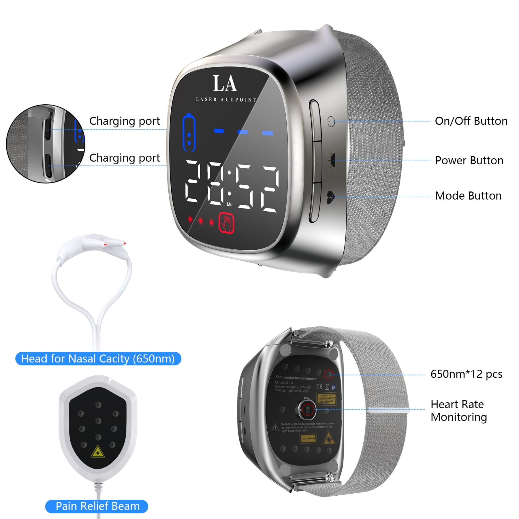 KTS 12 Holes Red Light Laser Wrist Watch for Diabetes Hypertension Sinusitis Heart Rate Semiconductor Laser Therapy Physiotherapy Home Use-KTS HEALTHCARE