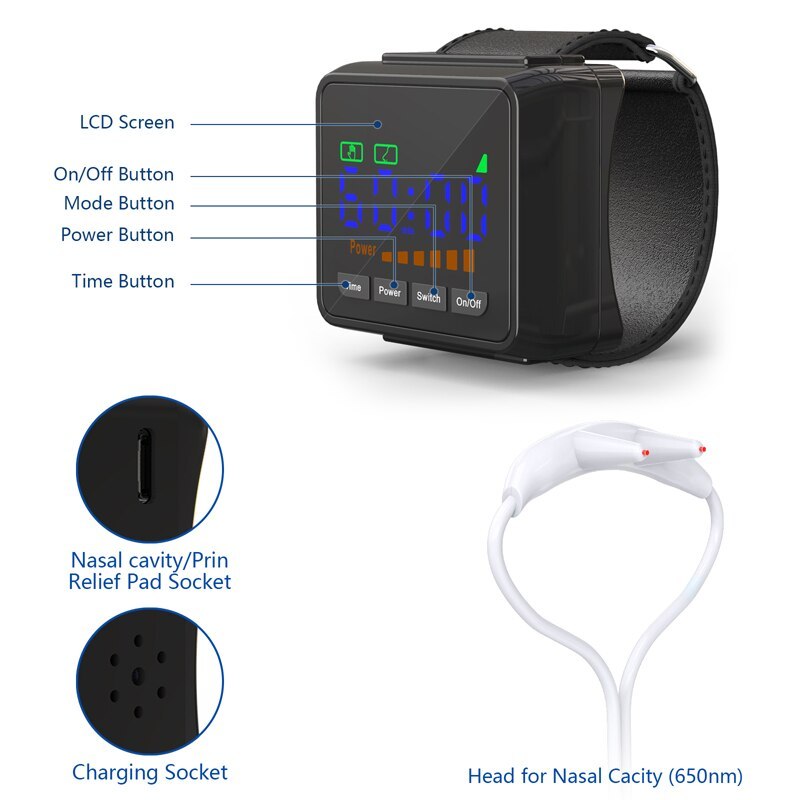 Low Level Laser Therapy Watch Therapy 650nm Red Light Diabetic Watch Semiconductor Laser Treatment for High Blood Pressure Congested Nose Rhinitis-KTS HEALTHCARE