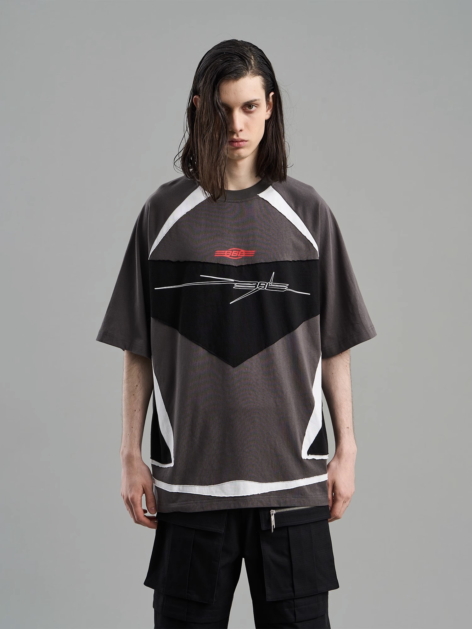 BLINDNOPLAN 23SS COLOR BLOCK PATCHWORK FRAYED HEM PRINTED T-SHIRT