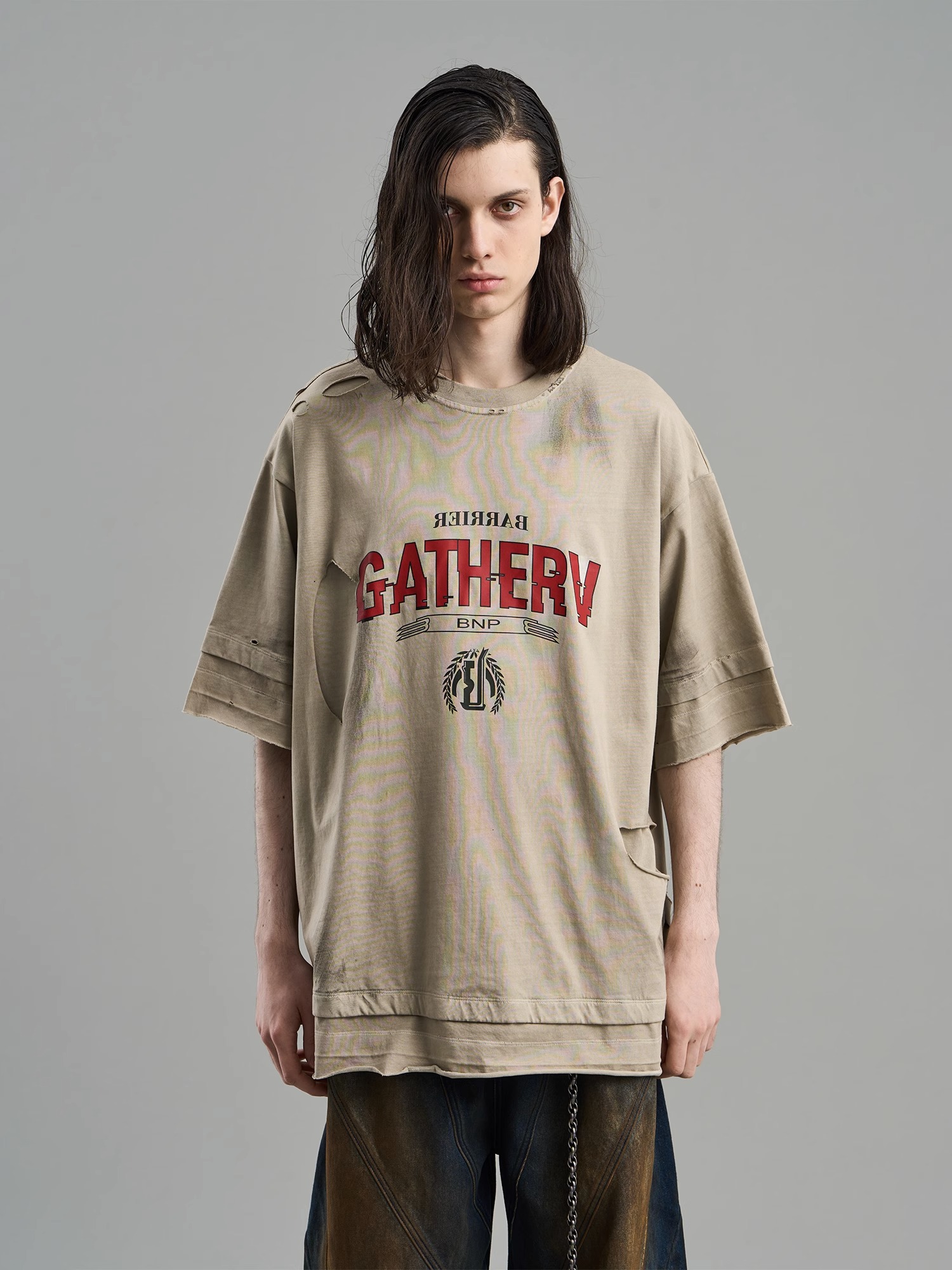 BLINDNOPLAN 23SS DOUBLE-LAYER DISTRESSED MUD-DYED PRINTED T-SHIRT