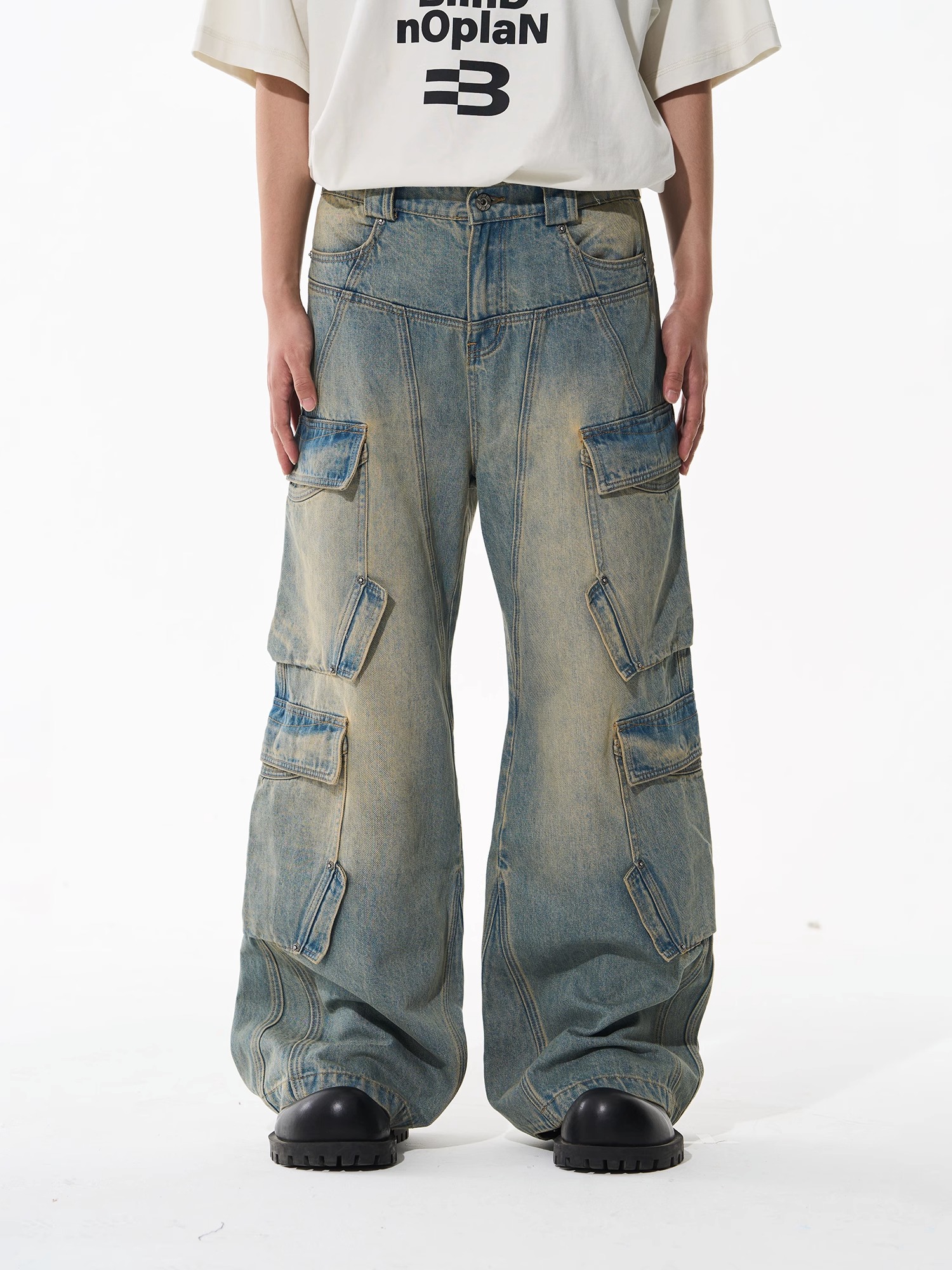 BLINDNOPLAN 23SS DISTRESSED WASHED POCKET DENIM WORK PANTS