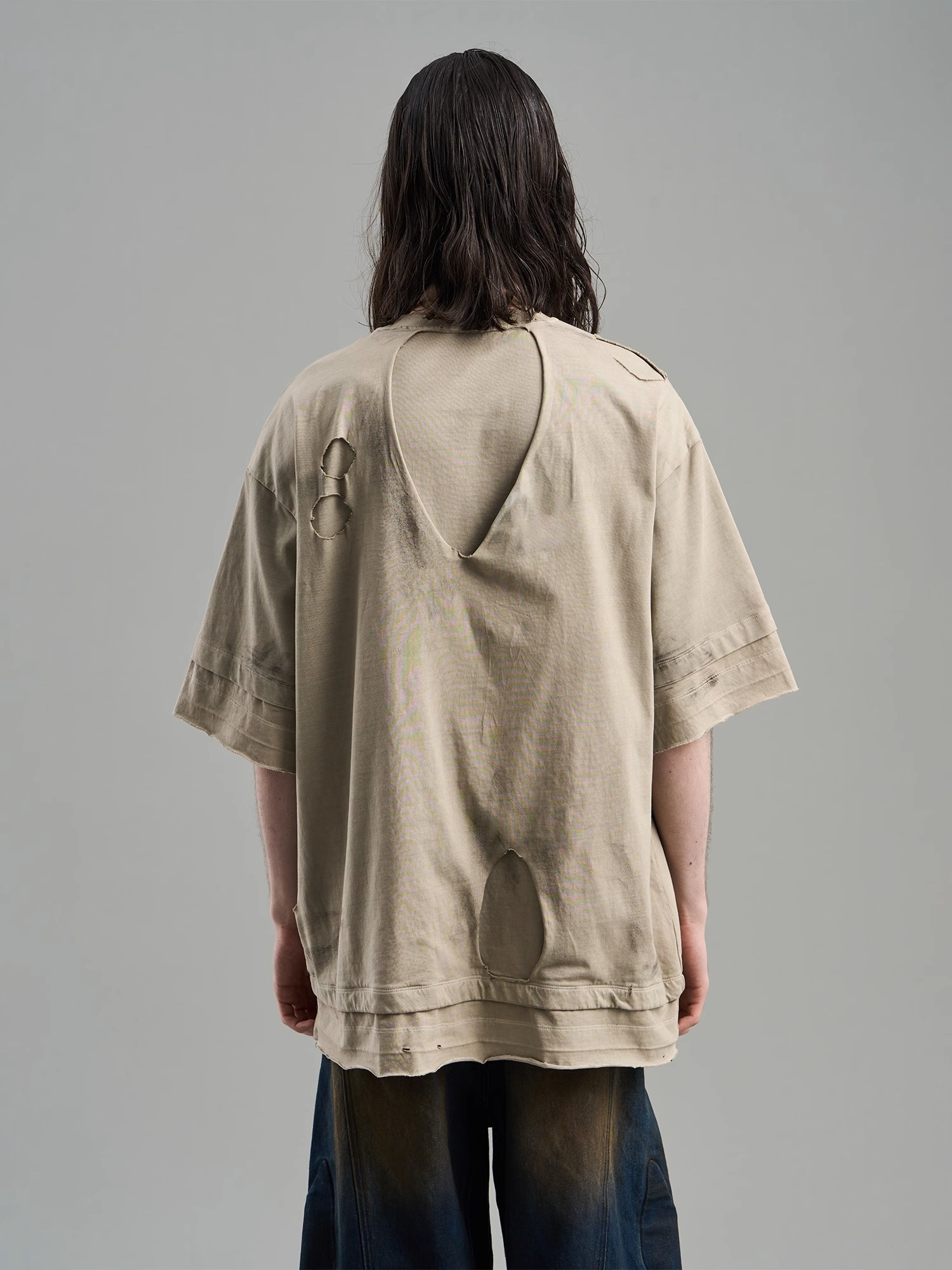 BLINDNOPLAN 23SS DOUBLE-LAYER DISTRESSED MUD-DYED PRINTED T-SHIRT