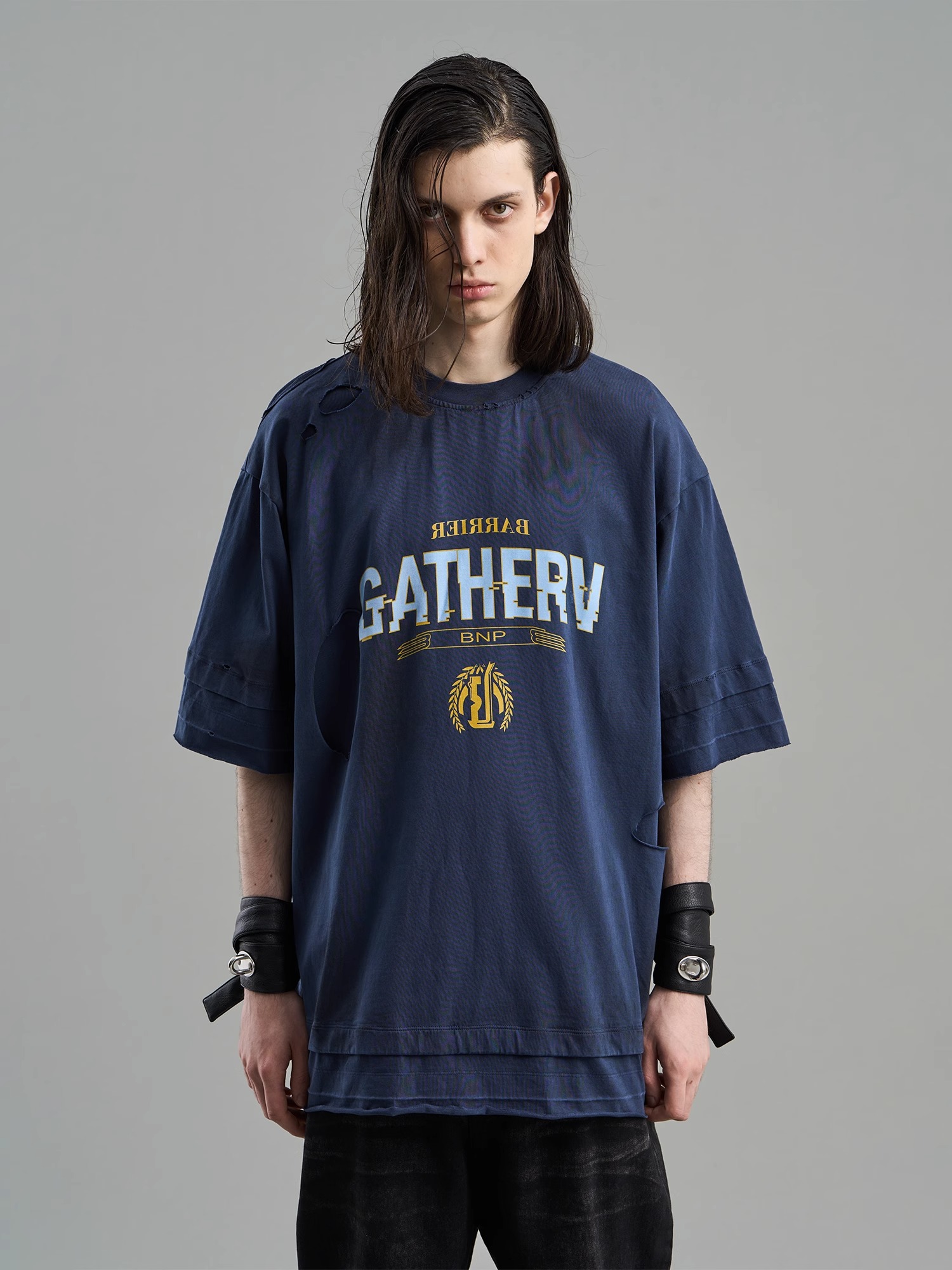 BLINDNOPLAN 23SS DOUBLE-LAYER DISTRESSED MUD-DYED PRINTED T-SHIRT