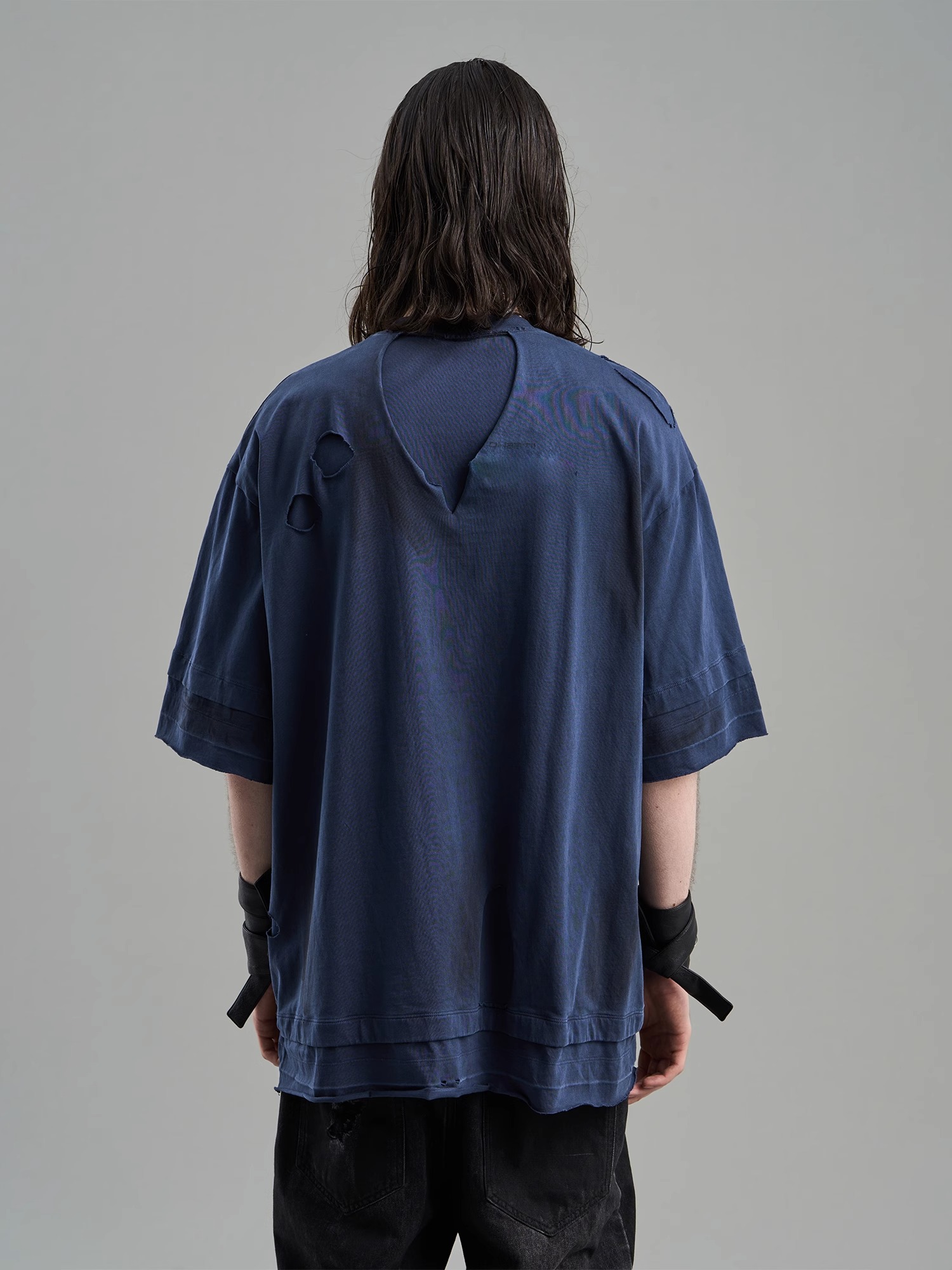 BLINDNOPLAN 23SS DOUBLE-LAYER DISTRESSED MUD-DYED PRINTED T-SHIRT