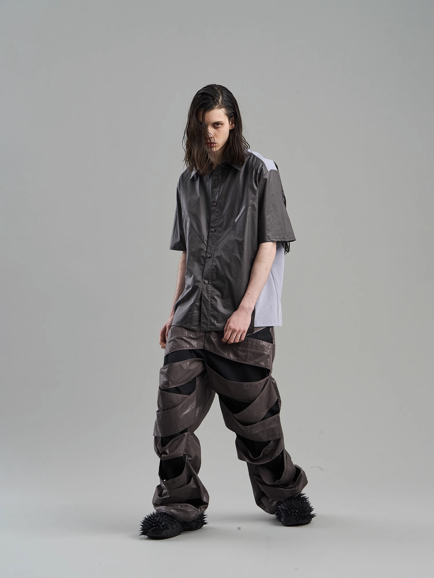 BLINDNOPLAN 23SS COLOR-BLOCK FRINGED SHIRT