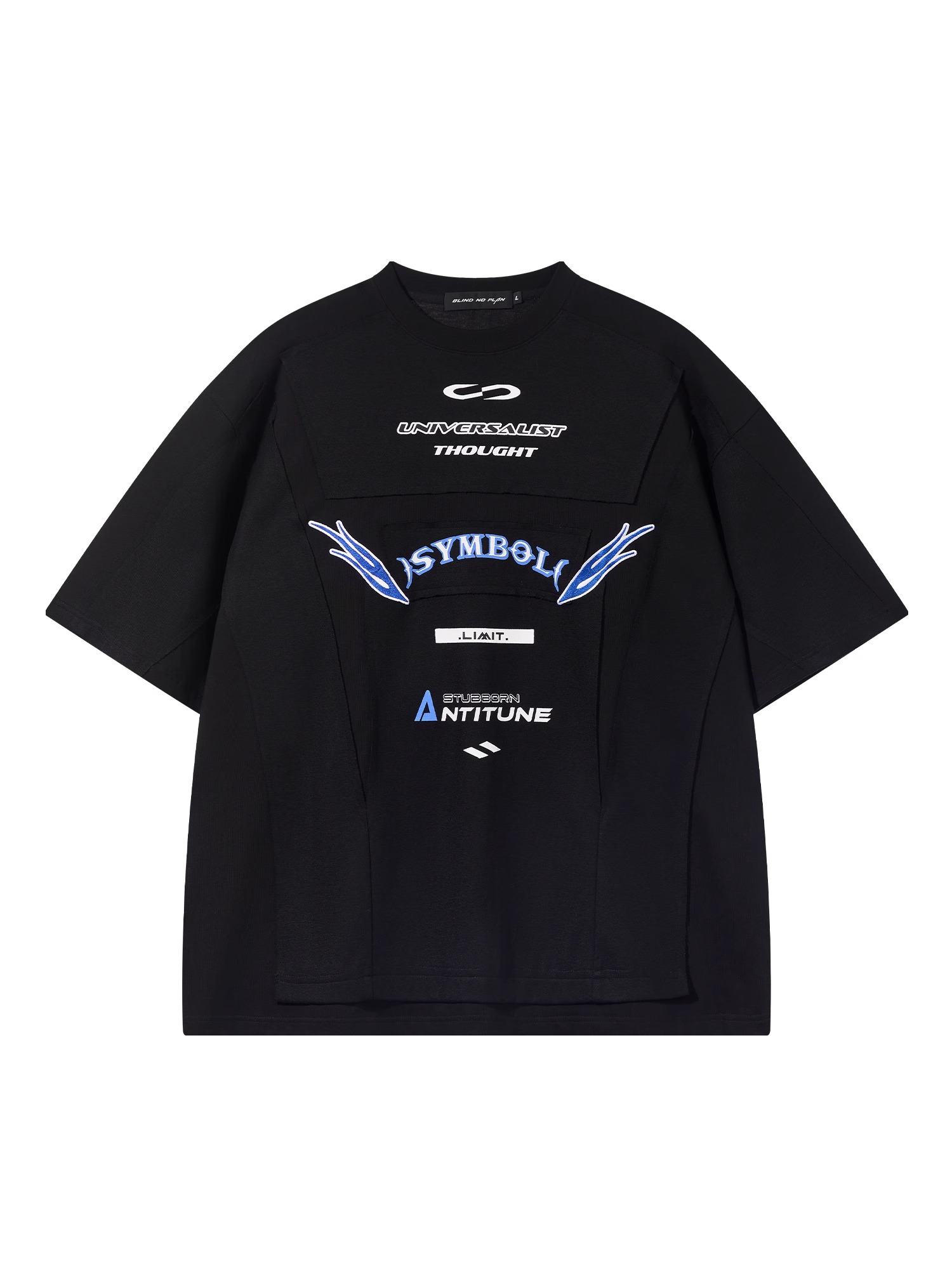 BLINDNOPLAN 23SS COLOR-BLOCK FRAYED APPLIQUÉ PRINT T-SHIRT