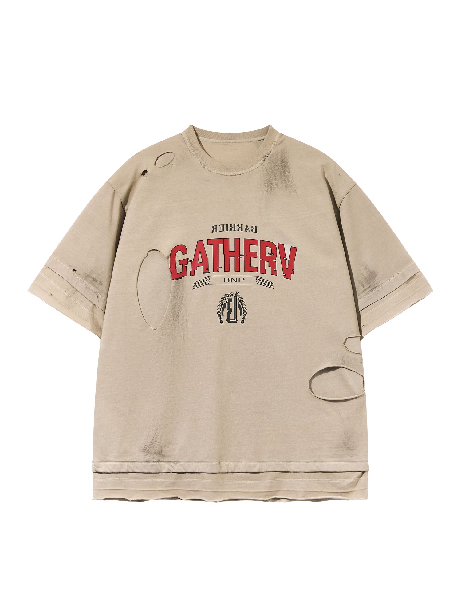 BLINDNOPLAN 23SS DOUBLE-LAYER DISTRESSED MUD-DYED PRINTED T-SHIRT