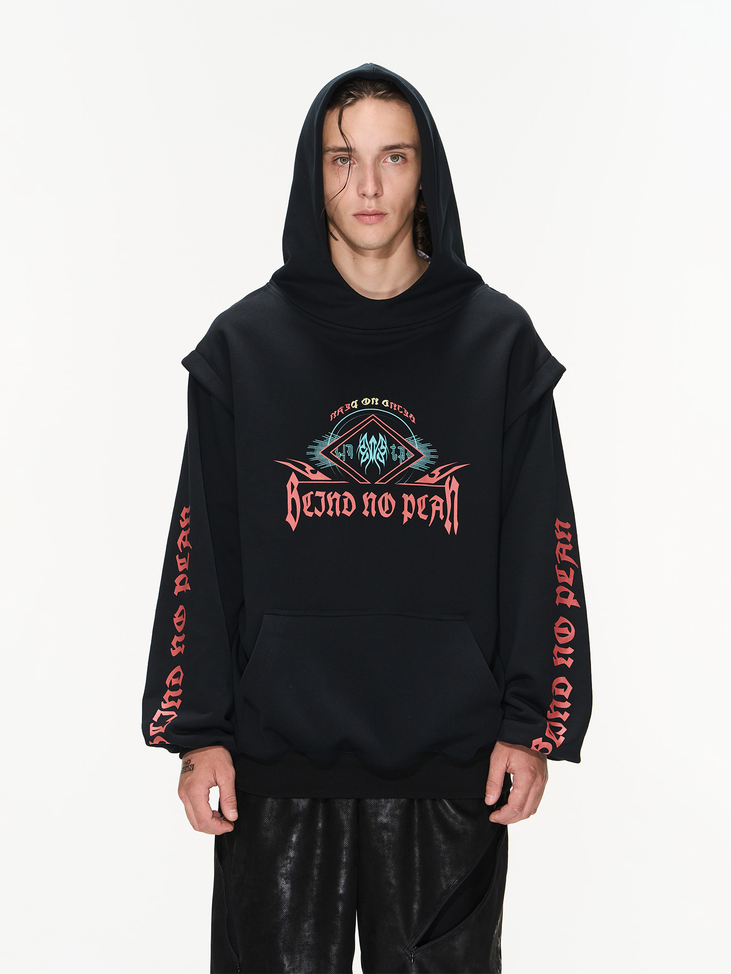 BLINDNOPLAN 23AW 假两件印花先锋设计秋款宽松连帽卫衣