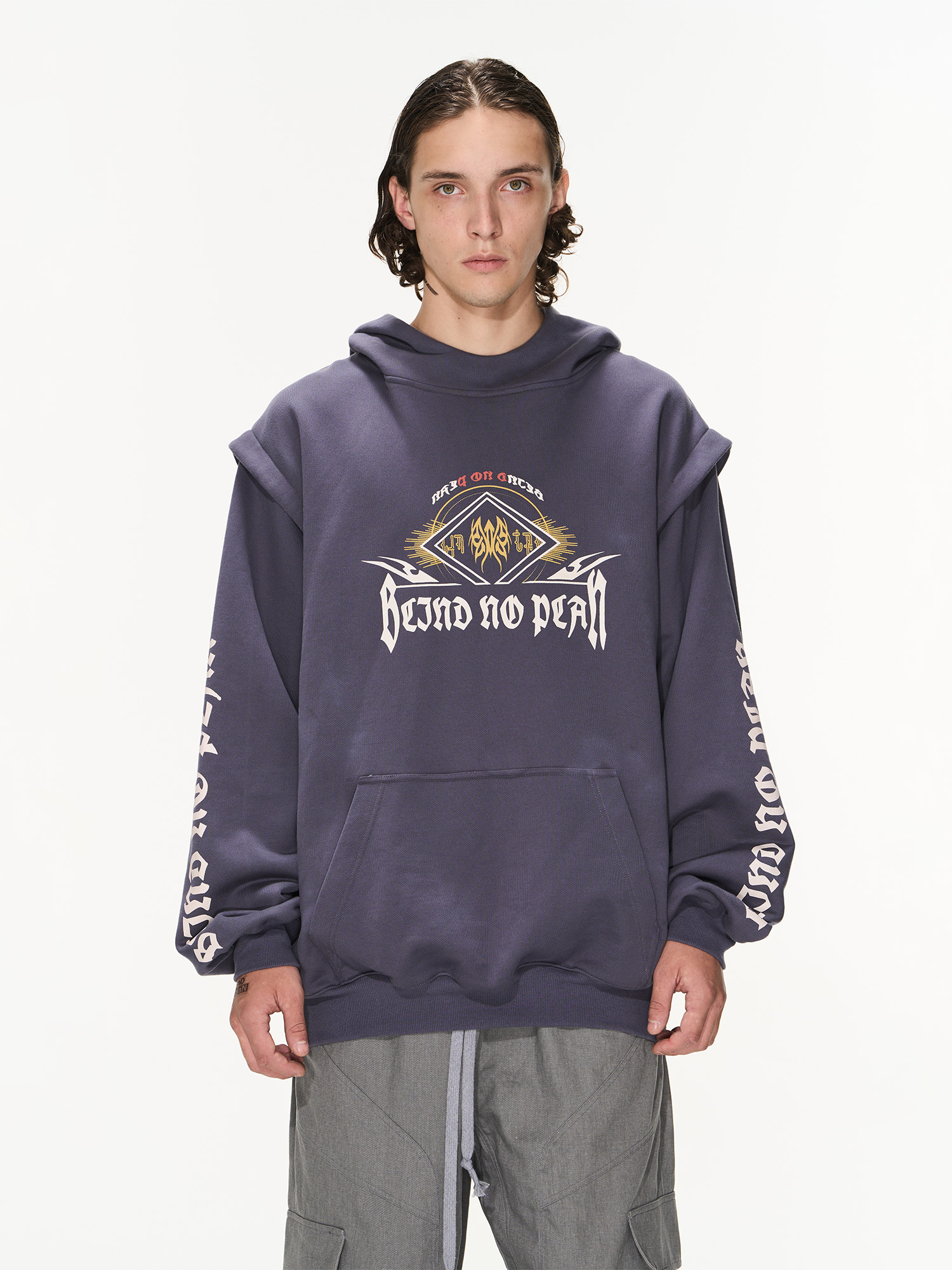 BLINDNOPLAN 23AW 假两件印花先锋设计秋款宽松连帽卫衣