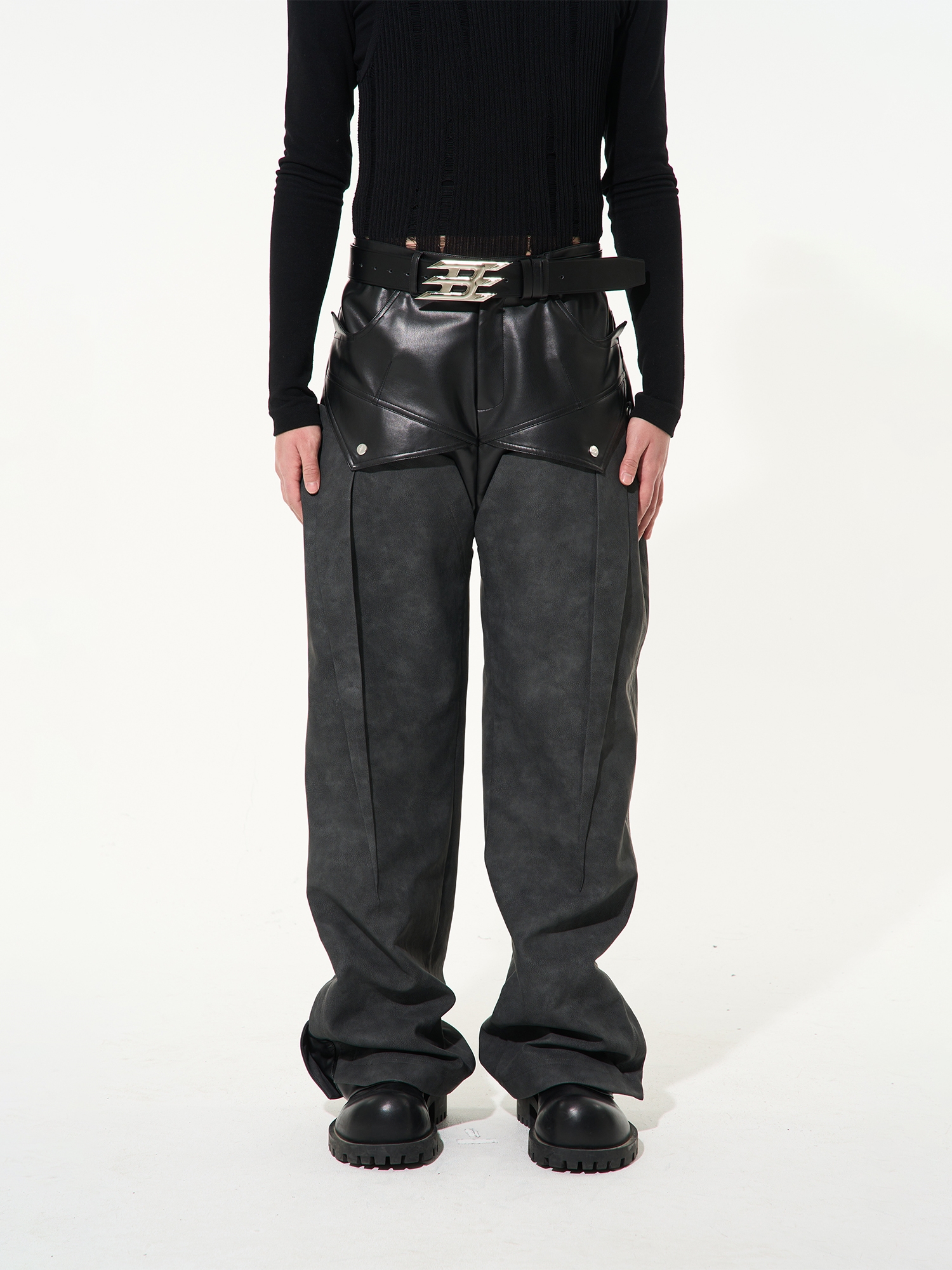 BLIND NO PLAN 23SS DOUBLE-LAYER DECONSTRUCTED MULTI-FORM LEATHER PANTS