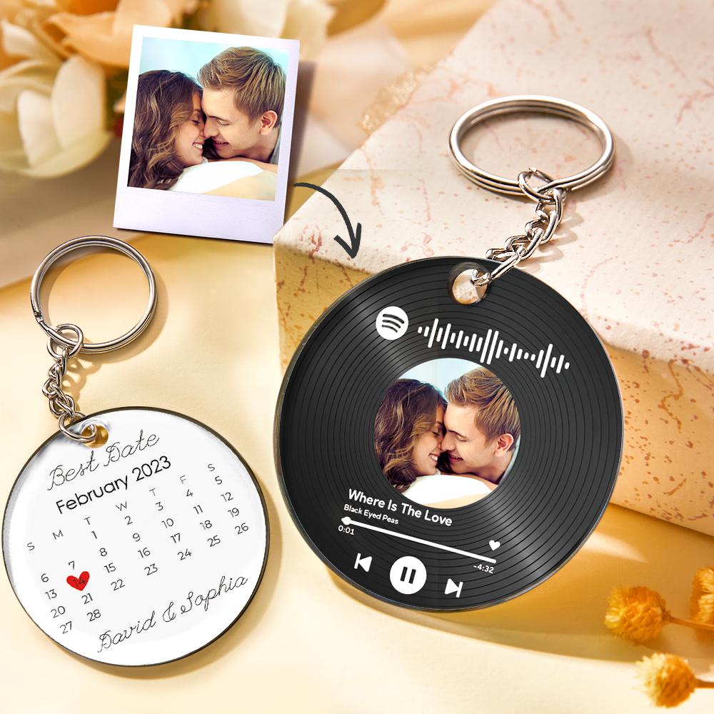 Custom Photo and Date Keychains Scannable Spotify Code Acrylic Anniversary Key Chain Gifts for Couple