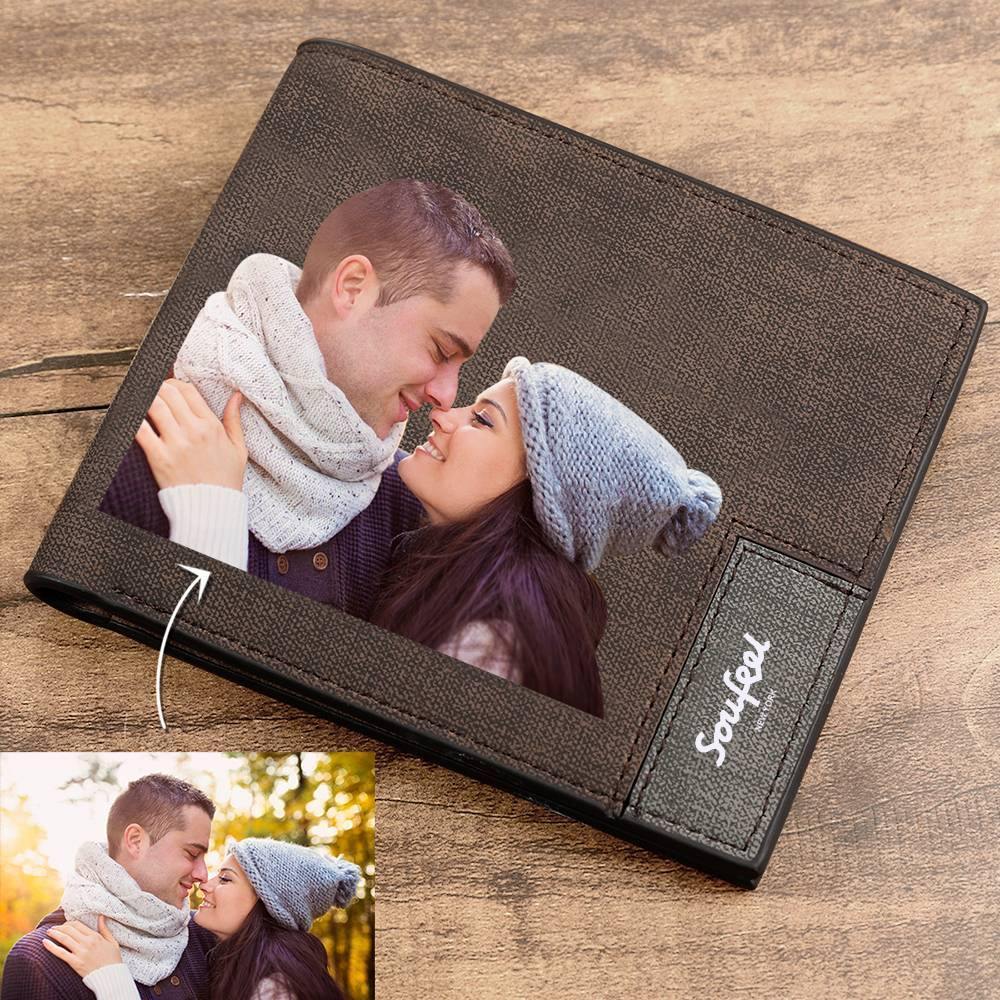 Men's Bifold Custom Inscription Photo Wallet - Coffee Leather - soufeelus